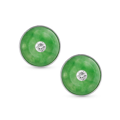 Round Disc Green Jade Clip-On Earrings with CZ Accent in Sterling Silver - Bling Jewelry