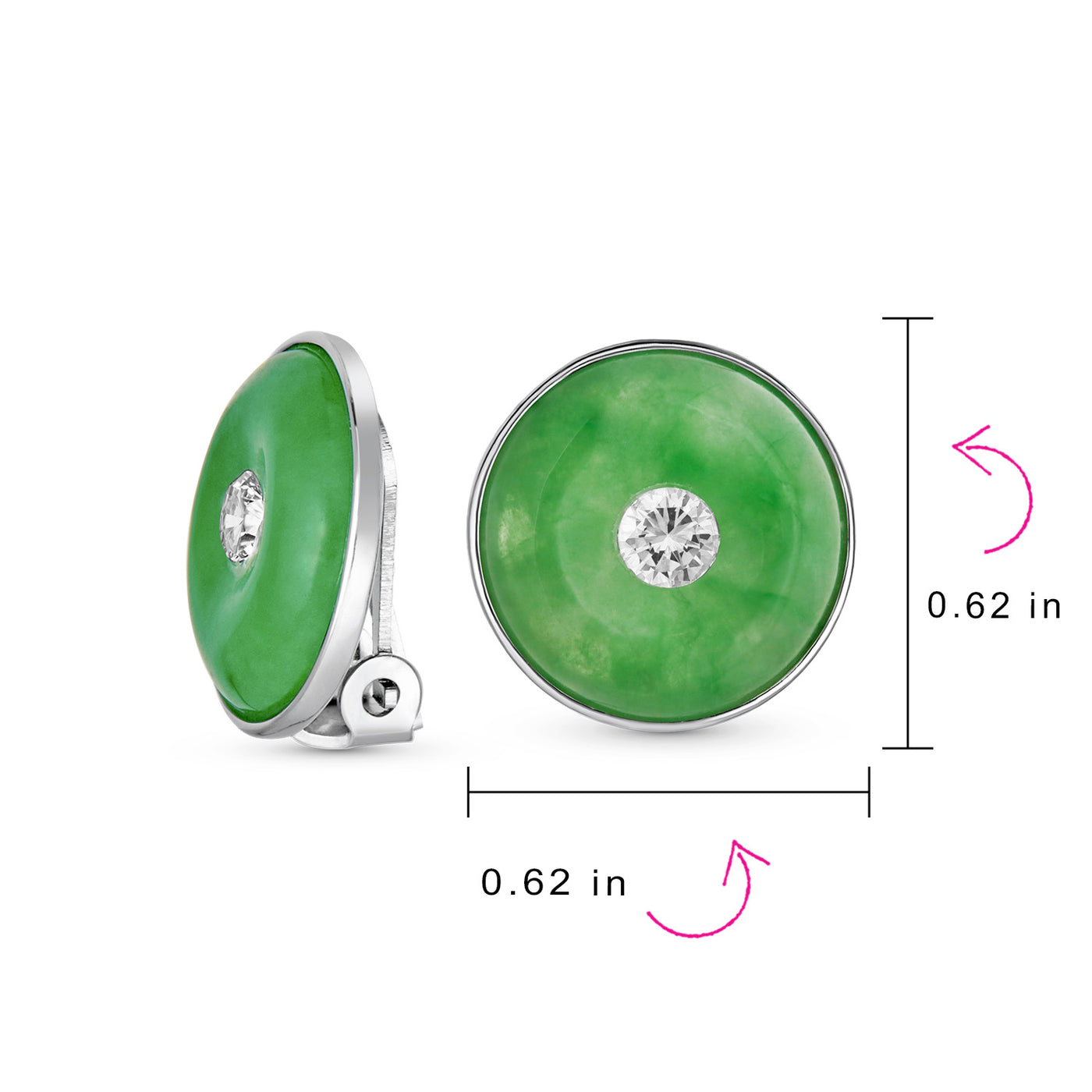 Round Disc Green Jade Clip-On Earrings with CZ Accent in Sterling Silver - Bling Jewelry