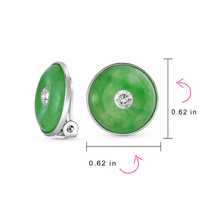 Round Disc Green Jade Clip-On Earrings with CZ Accent in Sterling Silver - Bling Jewelry