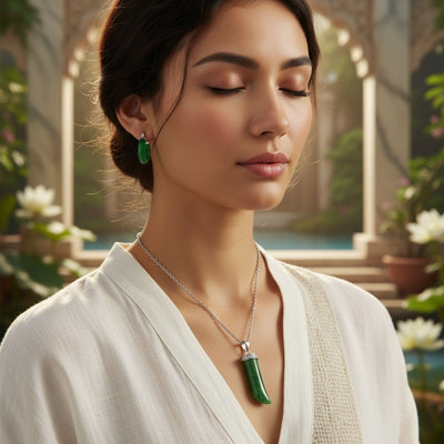 Italian Horn Pendant & Green Jade Hoop Earrings Jewelry Set Sterling Silver