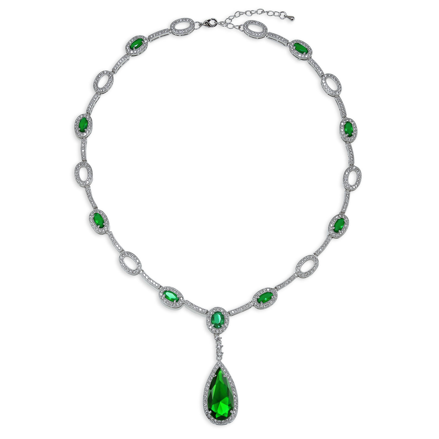 Vintage Halo Imitation Emerald Green CZ Y Necklace Earrings Set