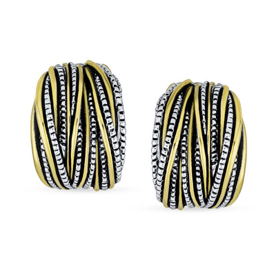 2 Tone Braid Cable Dome Criss Cross Wire Clip On Earrings Silver Gold