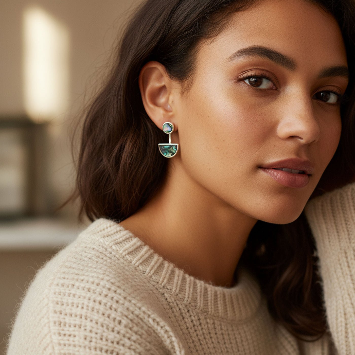 Geometric Boho Earring Jacket with Abalone Shell and Sterling Silver Studs