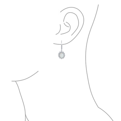 White Opal Halo AAA CZ Oval Drop Earrings Lever back .925 Silver