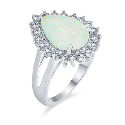 Big Halo Pear Shape Statement 10CT Created White Opal Ring
