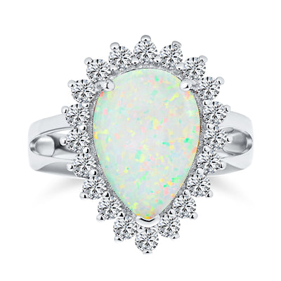 Big Halo Pear Shape Statement 10CT Created White Opal Ring