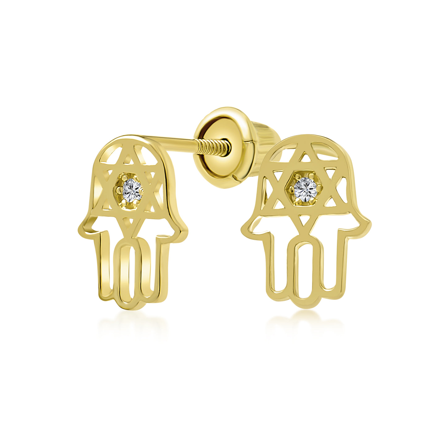 Set of 2 Tiny Judaic Jewelry CZ Stud Earrings 14K Gold Hamsa Star Of David