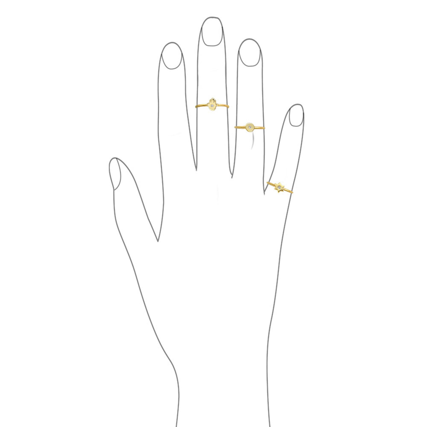 Tiny CZ Gold Plated Sterling Silver Midi Star Hamsa Hand Ring Set