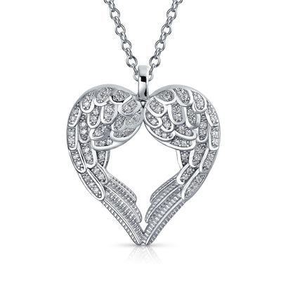 Angel Wing Heart Cubic Zirconia .925 Sterling Silver Pendant Necklace