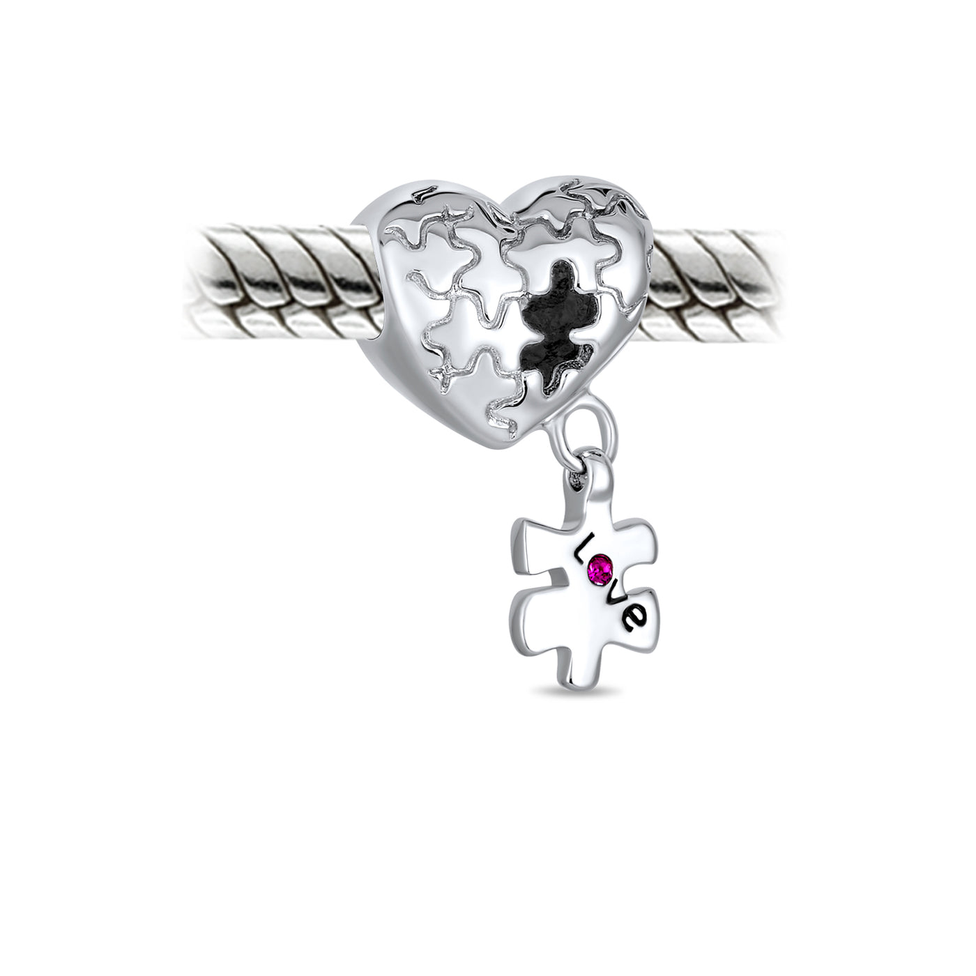 Autism Awareness Puzzle Piece Heart Love Charm Bead Sterling Silver