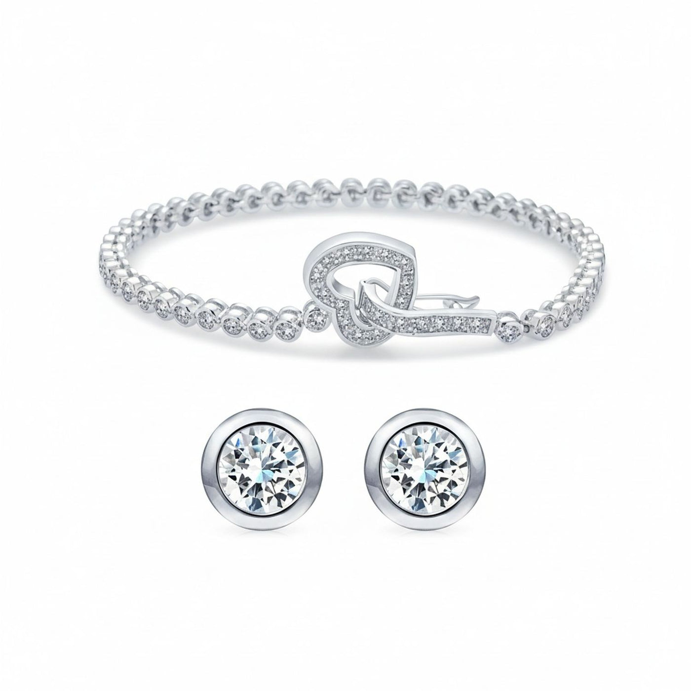 Bezel Set CZ Open Heart Tennis Bracelet & Stud Earrings Set Sterling Silver