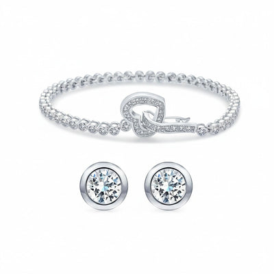 Bezel Set CZ Open Heart Tennis Bracelet & Stud Earrings Set Sterling Silver