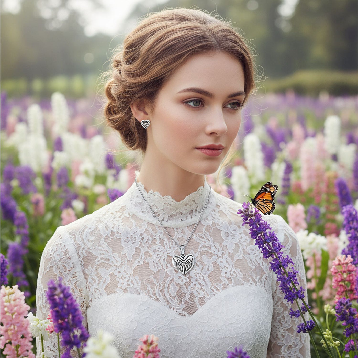 Celtic Infinity Knot Necklace & Heart Stud Earrings Set Oxidized Sterling Silver