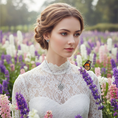 Celtic Infinity Knot Necklace & Heart Stud Earrings Set Oxidized Sterling Silver