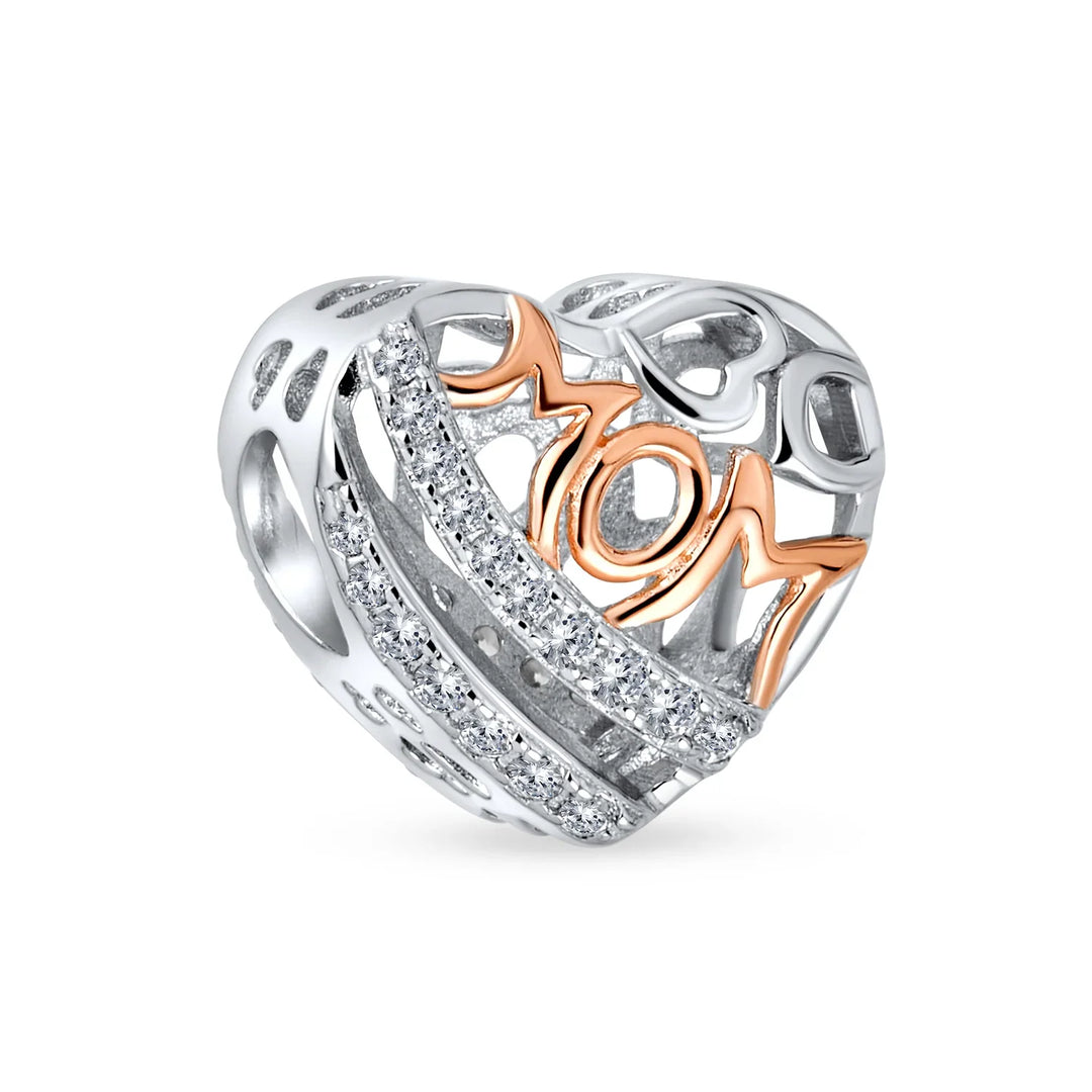 Mother Loving Family Heart Charm Bead Rose Gold Silver Fits