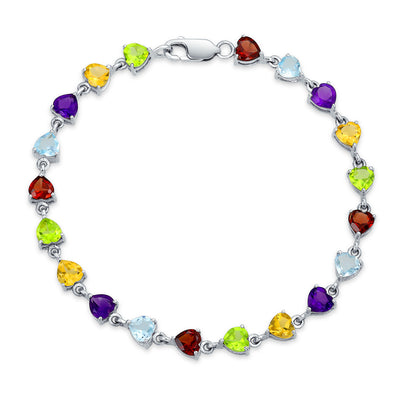 Multi Color Natural Gemstone Heart Shaped Tennis Bracelet .925 Silver 7 Inch