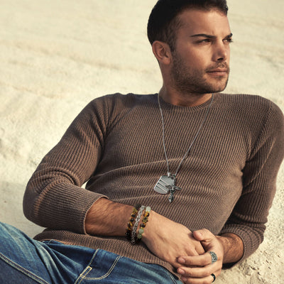 Set of 2 Lion Face Onyx Tiger Eye & Lava Rock Bead Stretch Bracelet Gold Plated