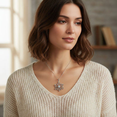 Cubic Zirconia Snowflake Pendant Necklace in Sterling Silver for Winter Parties