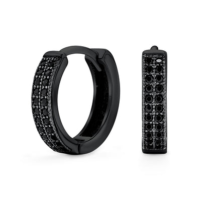 Set of 2 Black Pave CZ Round Inside Out & 2 Row Huggie Hoop Earrings