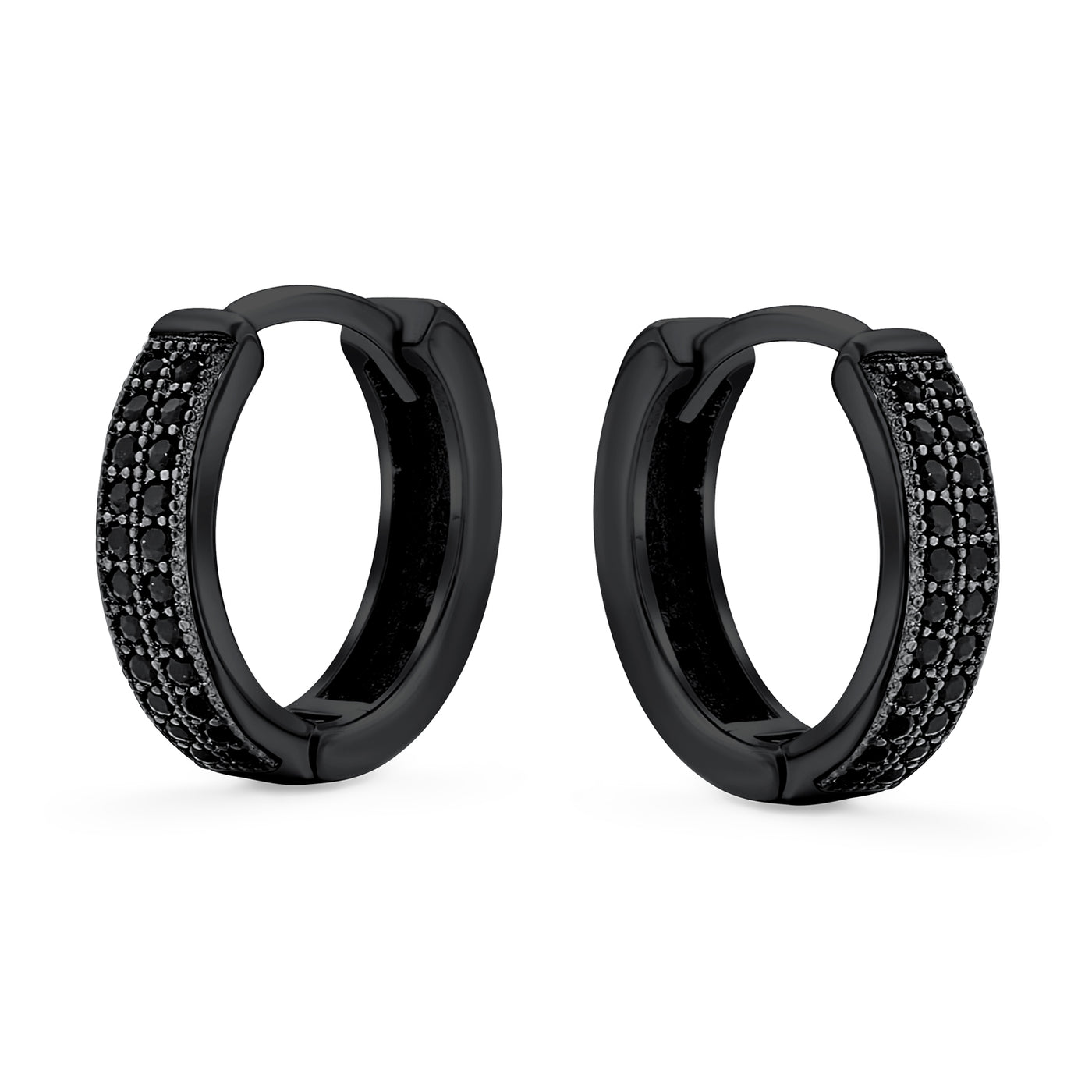 Set of 2 Black Pave CZ Round Inside Out & 2 Row Huggie Hoop Earrings