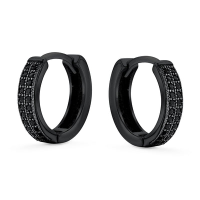 Set of 2 Black Pave CZ Round Inside Out & 2 Row Huggie Hoop Earrings