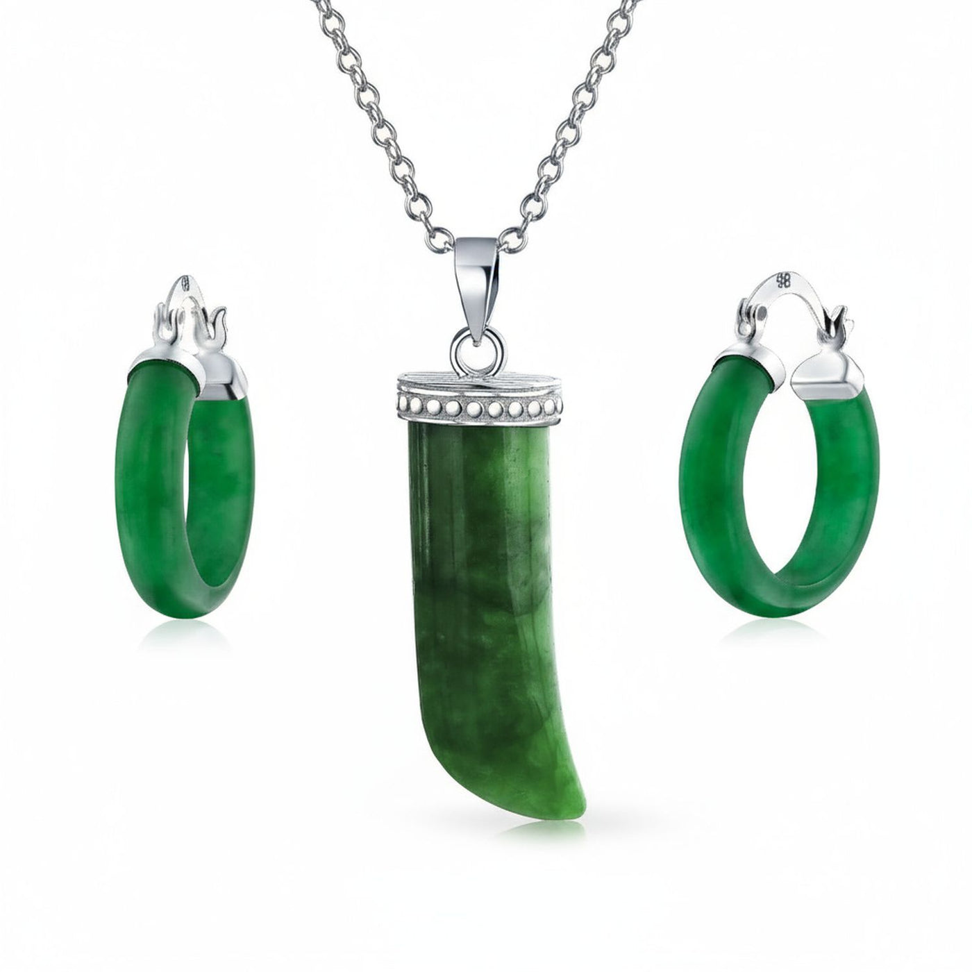 Italian Horn Pendant & Green Jade Hoop Earrings Jewelry Set Sterling Silver