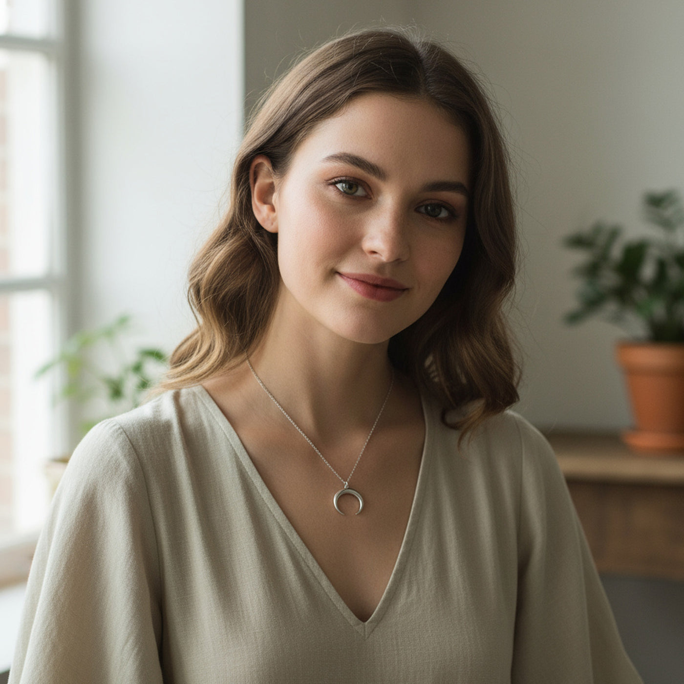 Celestial Crescent Moon Pendant Necklace Sterling Silver with Double Horn Design