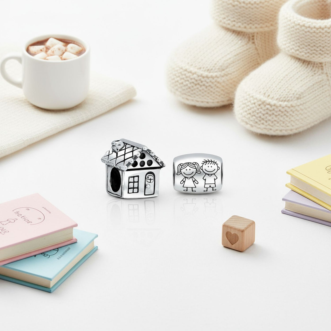 Set of 2 New Homeowner & Cartoon Family Friends Charm Bead Sterling Silver