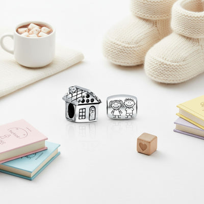 Set of 2 New Homeowner & Cartoon Family Friends Charm Bead Sterling Silver