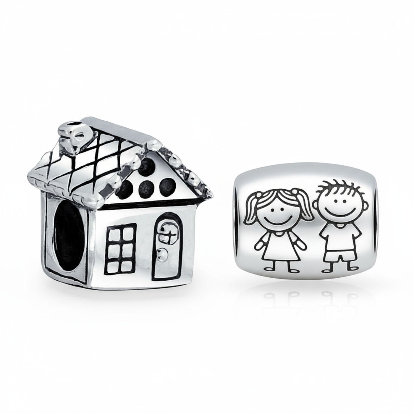 Set of 2 New Homeowner & Cartoon Family Friends Charm Bead Sterling Silver