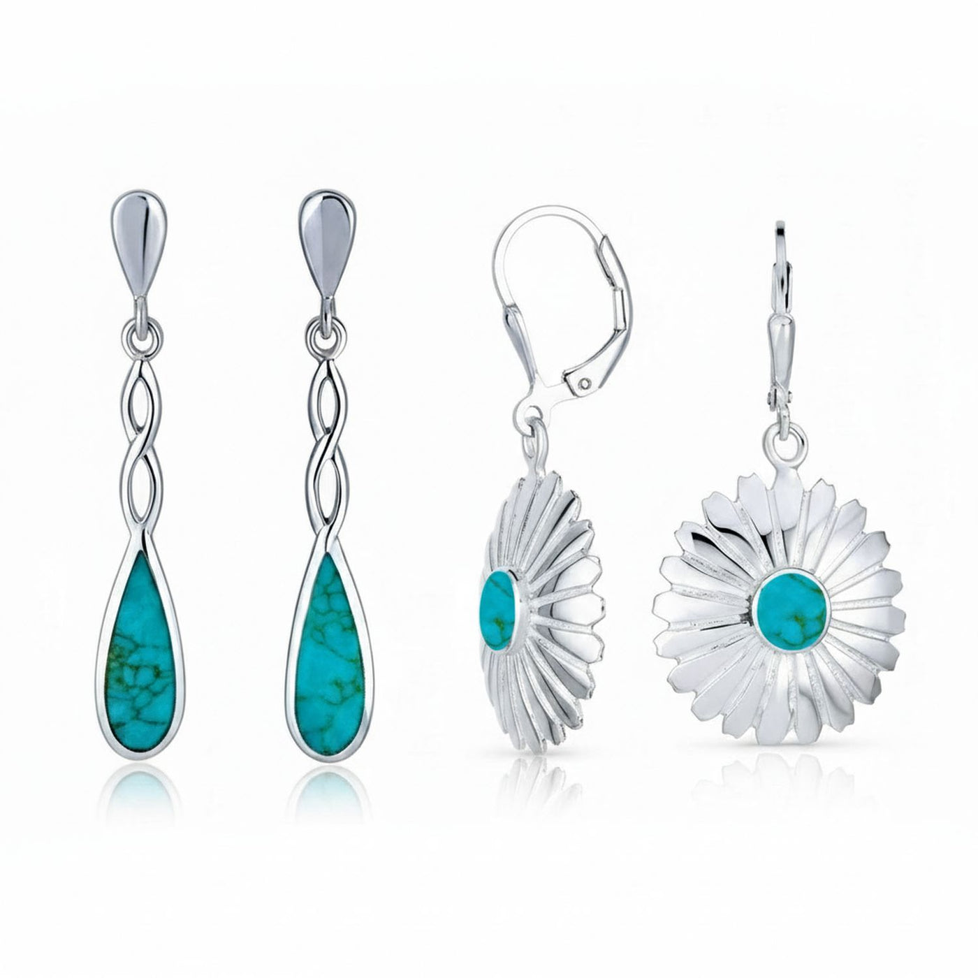 Set of 2 Turquoise Concho Flower & Infinity Teardrop Dangle Earrings Silver
