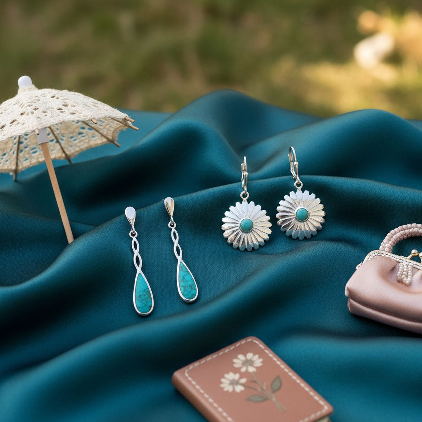 Set of 2 Turquoise Concho Flower & Infinity Teardrop Dangle Earrings Silver