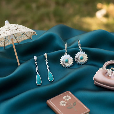 Set of 2 Turquoise Concho Flower & Infinity Teardrop Dangle Earrings Silver
