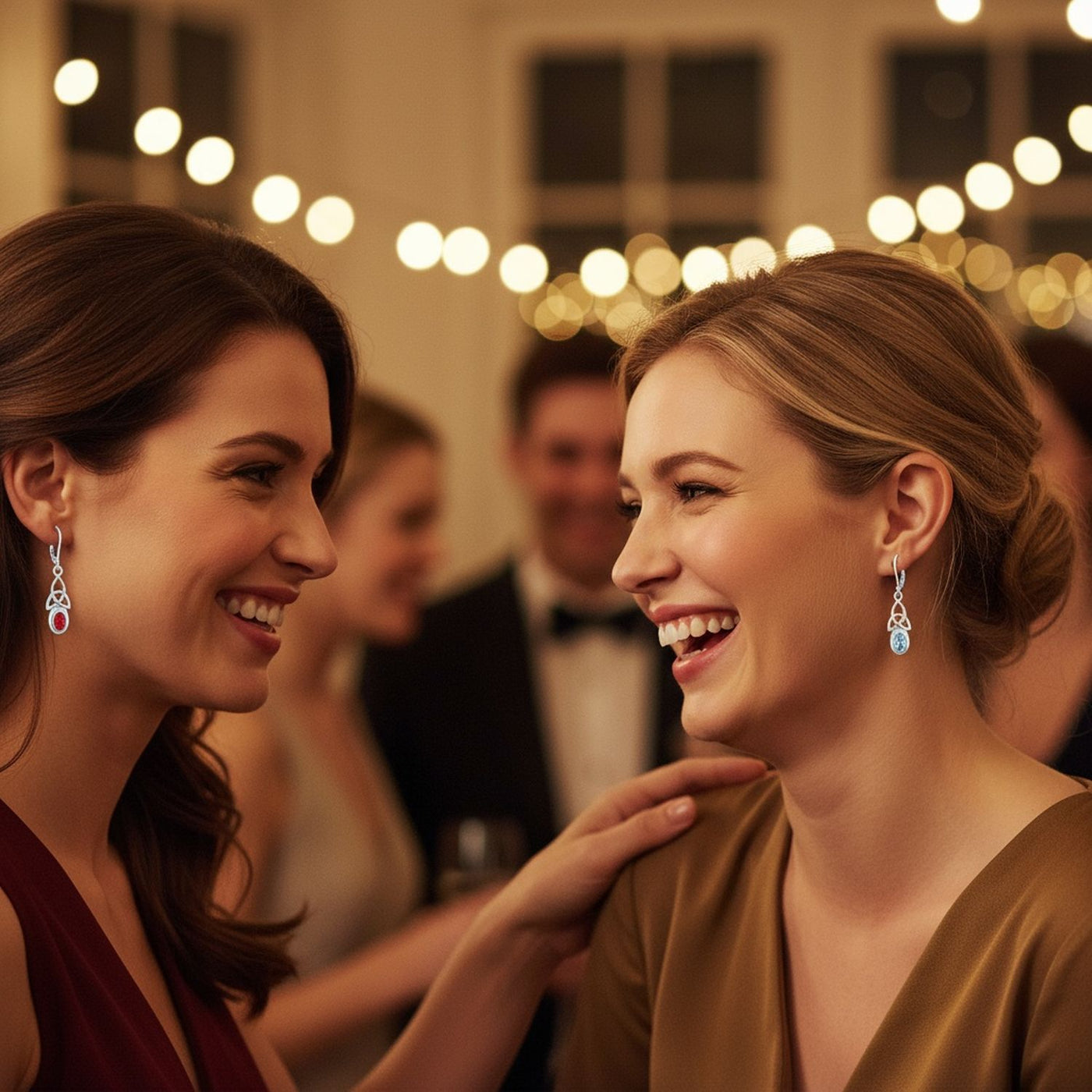 Set of 2 Celtic Love Knot Oval Blue Topaz & Simulated Red Ruby Dangle Earrings