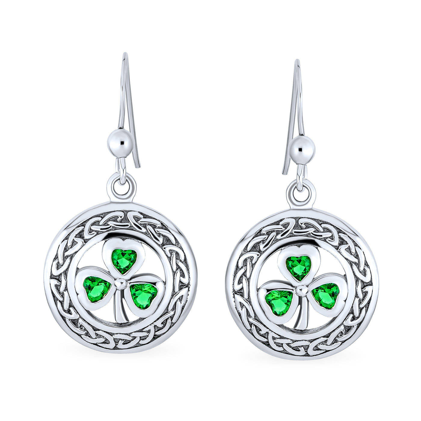 Celtic Shamrock Clover Circle Earring Imitation Green Emerald Silver