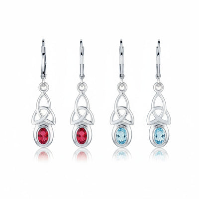 Set of 2 Celtic Love Knot Oval Blue Topaz & Simulated Red Ruby Dangle Earrings