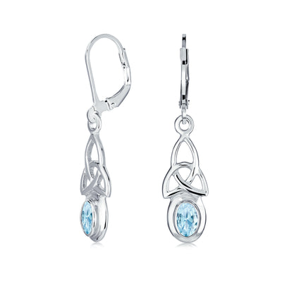 Set of 2 Celtic Love Knot Oval Blue Topaz & Simulated Red Ruby Dangle Earrings