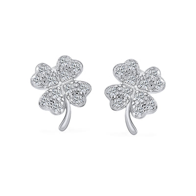Cubic Zirconia Pave CZ Four Leaf Clover Stud Earrings Sterling Silver