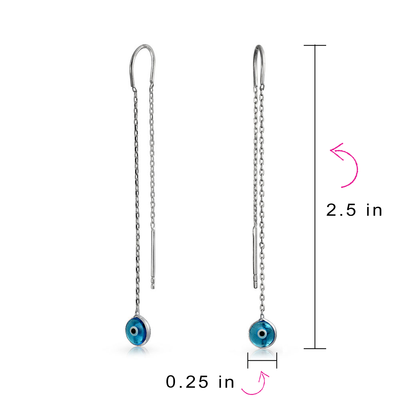 Blue Evil Eye Murano Glass Chain Threader Earrings Sterling Silver