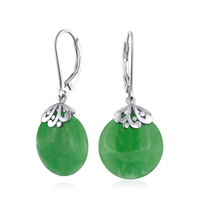 Set of 2 Filigree Lever Back Gemstones Turquoise & Jade Disc Dangle Earrings