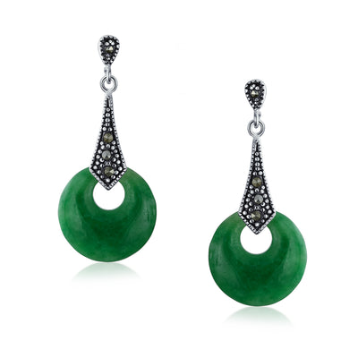 Good Fortune Marcasite Green Jade Circle Drop Earrings Sterling Silver