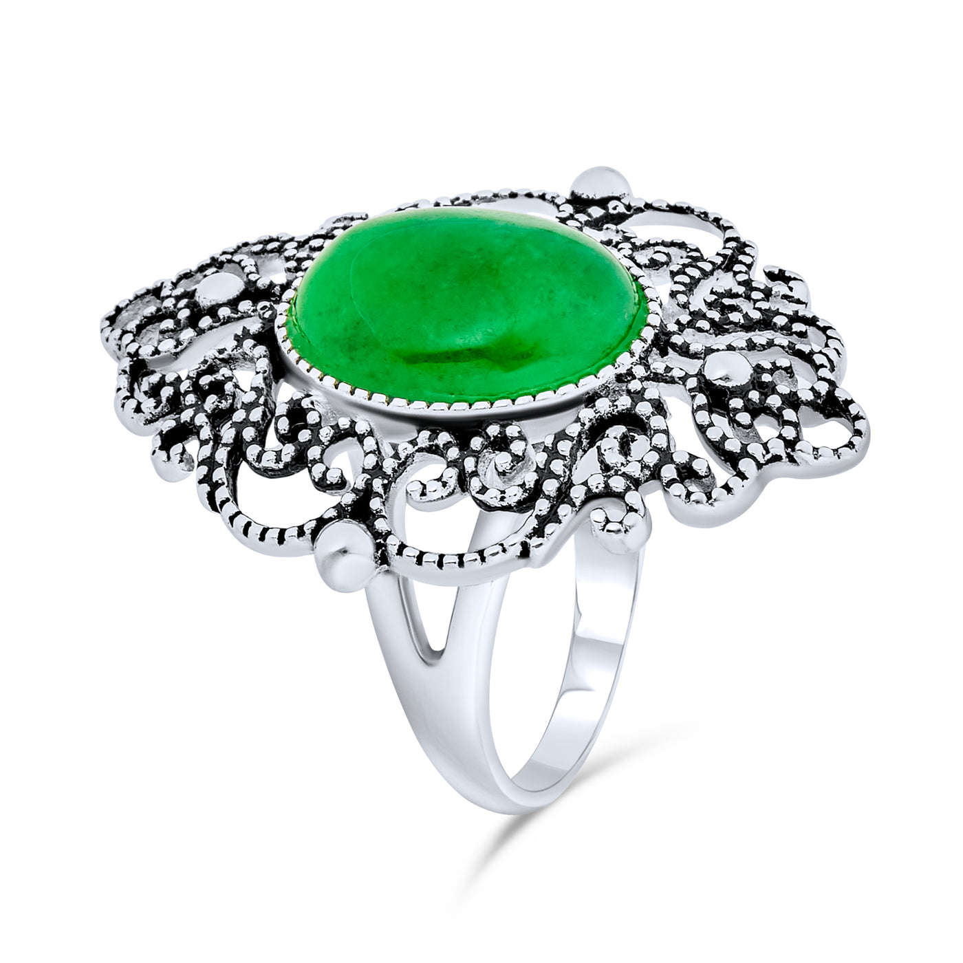 Oval Dyed Green Jade Armor Full Finger Ring .925 Sterling Silver