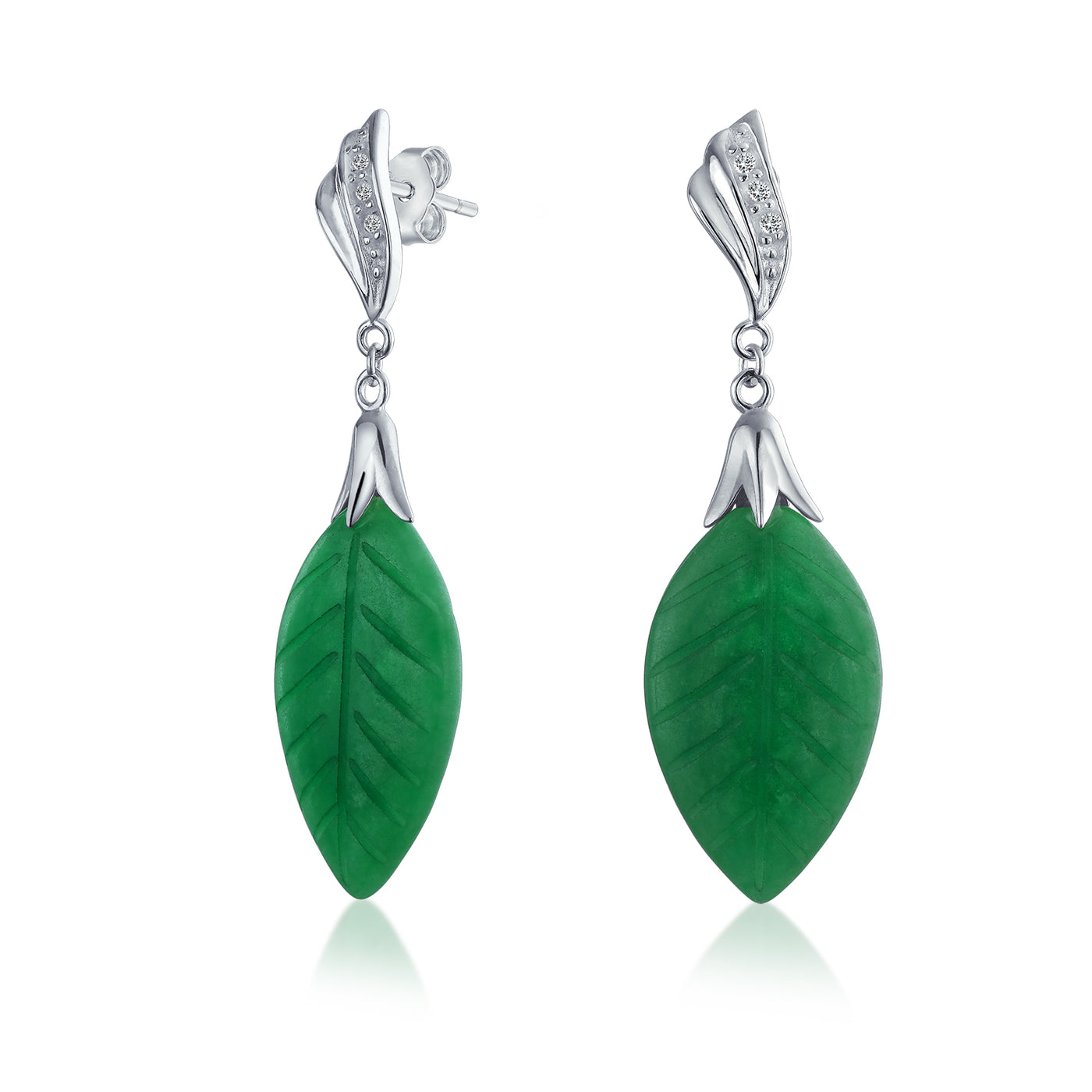 Western Jewelry Carved Leaf Green Jade Drop Earrings Sterling Silver