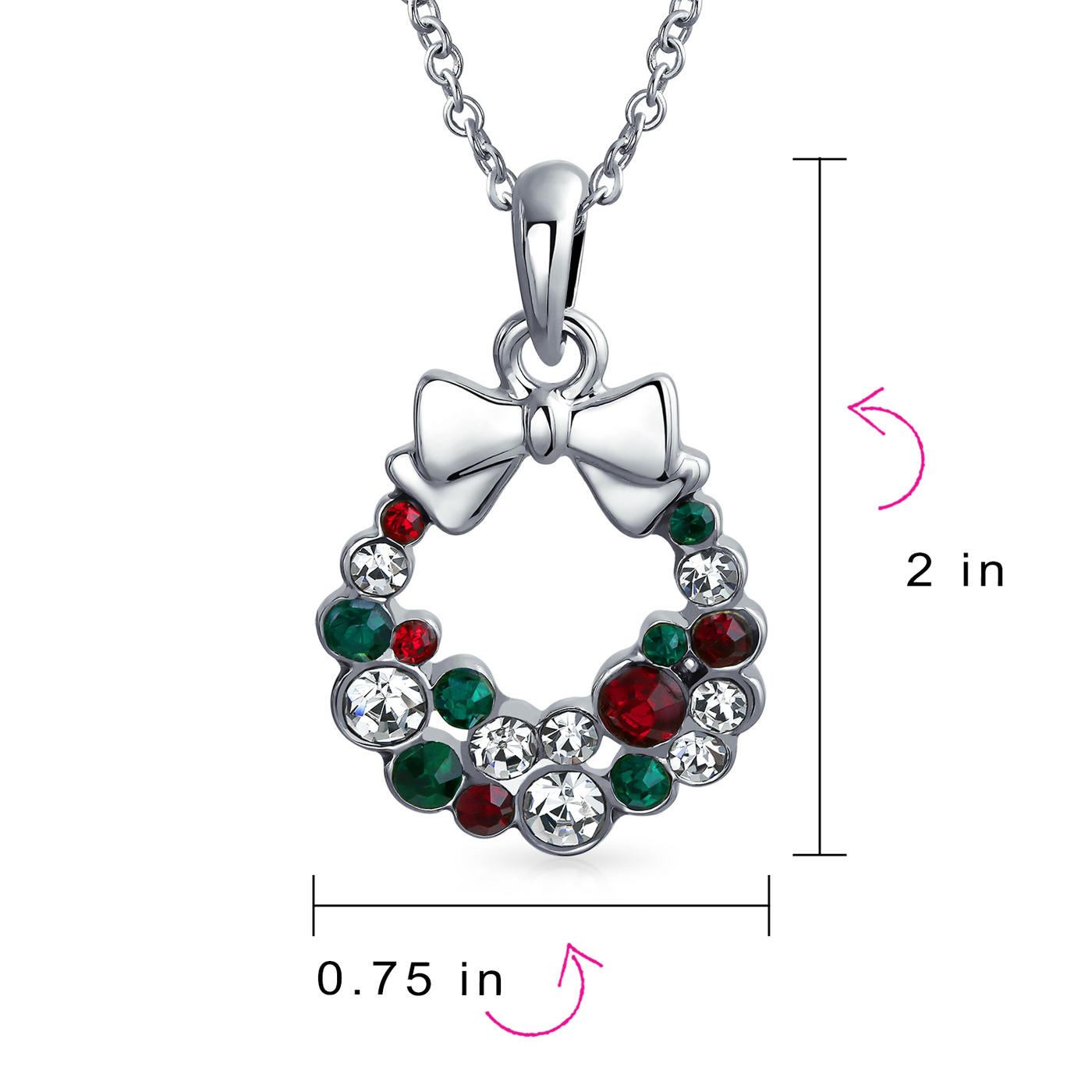 Red Green Crystal Christmas Wreath Bow Pendant Silver Plated Necklace