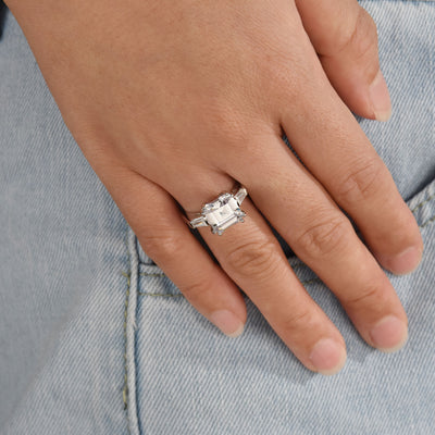 Classic 3-5CT Canary Yellow CZ Asscher Cut Engagement Ring Baguette Band Silver