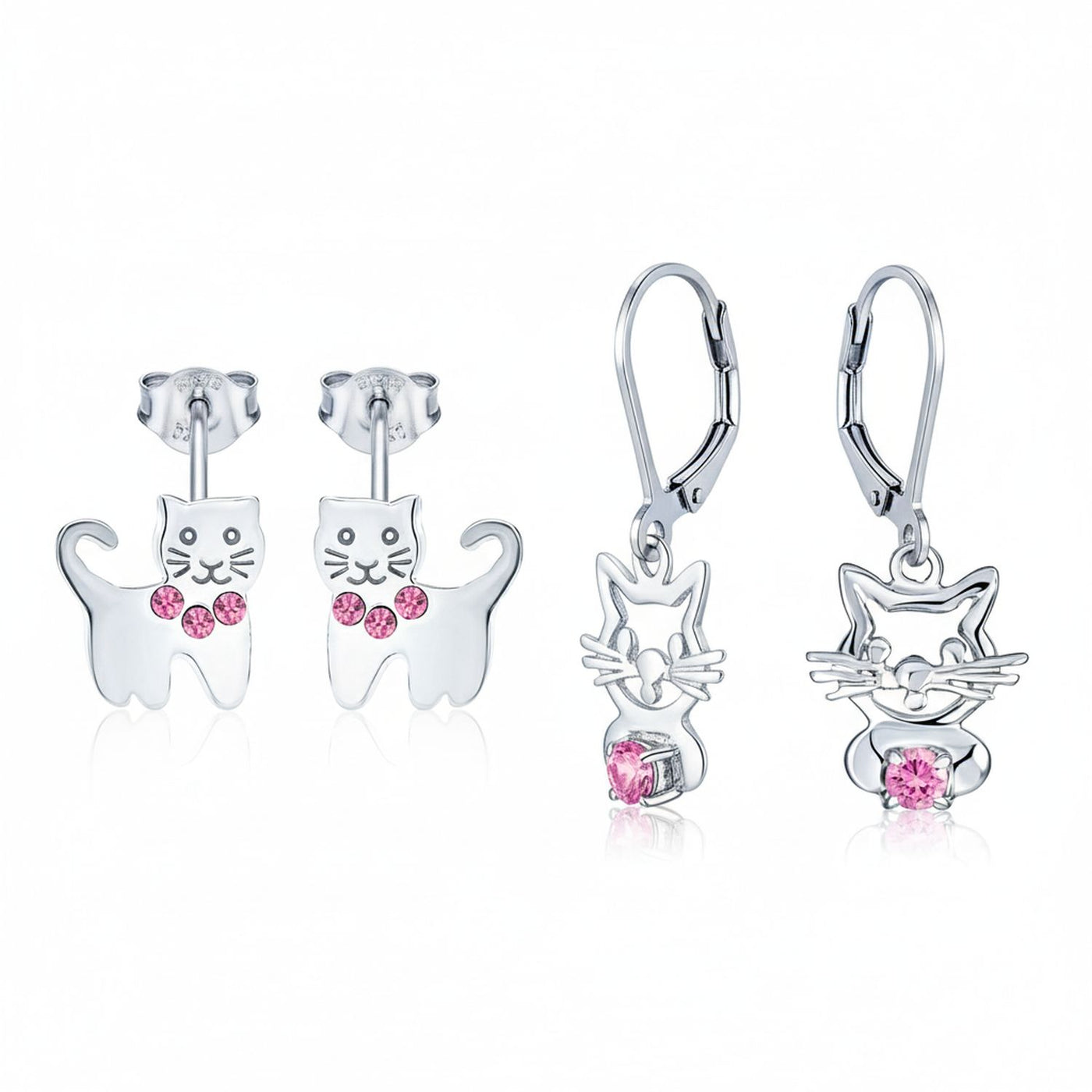 Set of 2 Pet Cat Kitty Pink CZ Dangle & Crystal Stud Earrings Sterling Silver