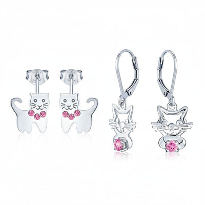 Set of 2 Pet Cat Kitty Pink CZ Dangle & Crystal Stud Earrings Sterling Silver