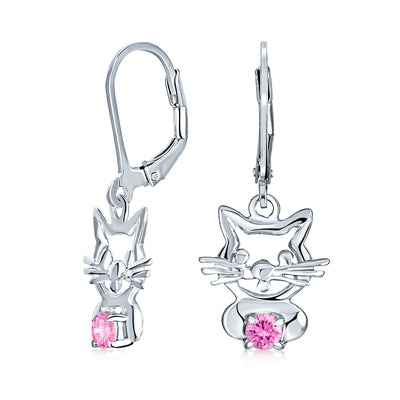 Set of 2 Pet Cat Kitty Pink CZ Dangle & Crystal Stud Earrings Sterling Silver