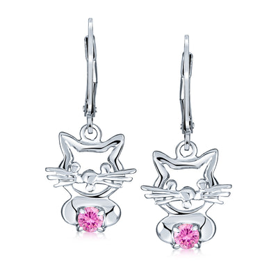 Set of 2 Pet Cat Kitty Pink CZ Dangle & Crystal Stud Earrings Sterling Silver
