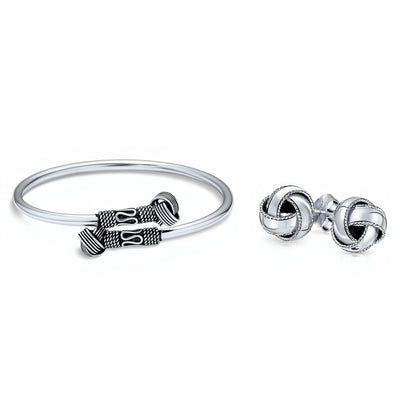 Western Knot Cuff Bangle & Love Knot Ball Stud Earrings Set Sterling Silver